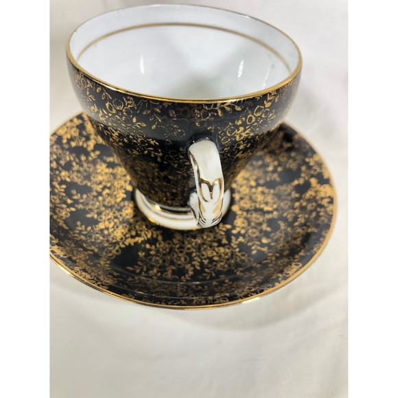 Royal Grafton Bone England Black  Gold Tea Cup & Saucer Set Green Backstamp - Picture 7 of 10